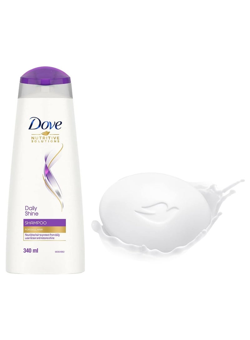 Dove Cream Bathing Beauty Bar with 1/4 Moisturising Cream For Soft, Smooth, Glowing Skin, 125 g (Pack of 8), White & Dove Daily Shine Shampoo 340 ml - Image 1